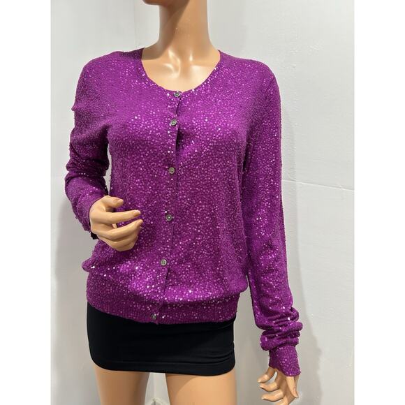 dkny cardigan cashmere And Silk Fully Sequined Size Large Purple Color - Picture 2 of 11